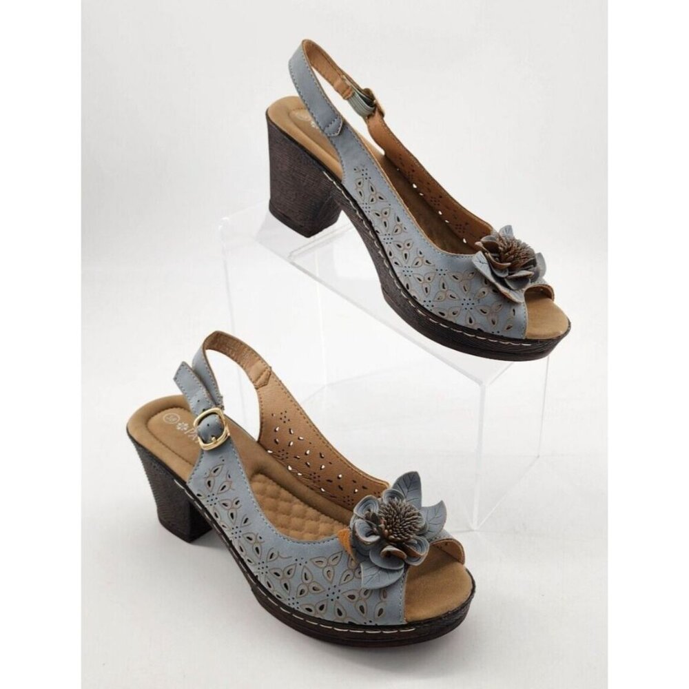 Patrizia Doriday Sling Back Peep Toe Sandals Blue Flower‎ Size Eur 38 US 7.5-8